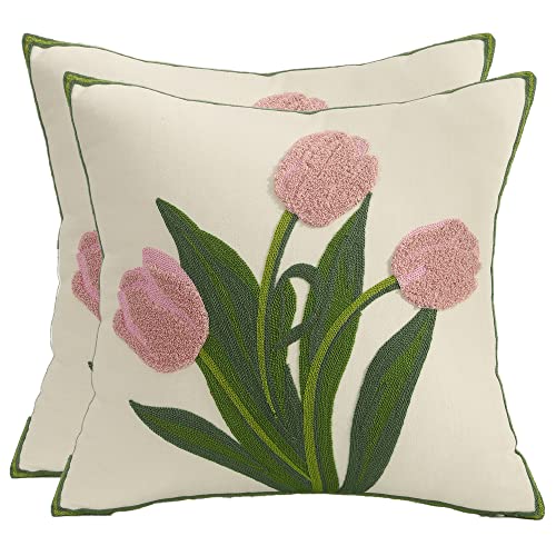 Tosleo Embroidery Throw Pillow Covers 18x18 Pack of 2 Pink Tulip Flower Pillowcases Accent Decor Cotton Canvas Cushion Cover Square Farmhouse Floral Decoration for Bedroom Sofa Living Room - Image 1