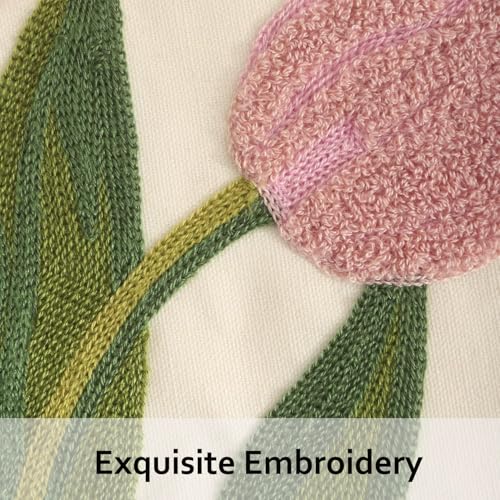 Tosleo Embroidery Throw Pillow Covers 18x18 Pack of 2 Pink Tulip Flower Pillowcases Accent Decor Cotton Canvas Cushion Cover Square Farmhouse Floral Decoration for Bedroom Sofa Living Room - Image 4