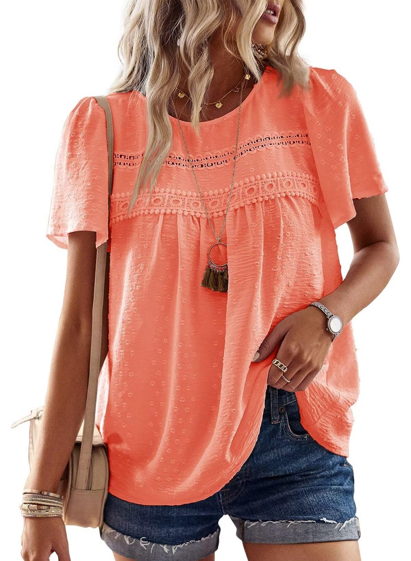 Falechay Tunic Tops to Wear with Leggings Bohemian Women's Tunic Tops Lace Crochet Bright Orange Shirts for Women Crew Neck Short Sleeve Women's Blouses L - Image 1