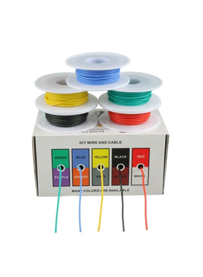 سلك سيليكون 22AWG، سلك نحاسي مرن مطلي بالقصدير مقاس 20، 5 ألوان (أحمر، أسود، أصفر، أزرق، أخضر)، 10 أمتار من كل لون، 50 مترًا إجمالاً، القطر الخارجي 1.7 مم، سمك العزل 0.45 مم، مجموعة كابلات كهربائية DIY مناسبة لمصابيح LED ومكبرات الصوت والأدوات الكهربائية (معلبة) - Image 2