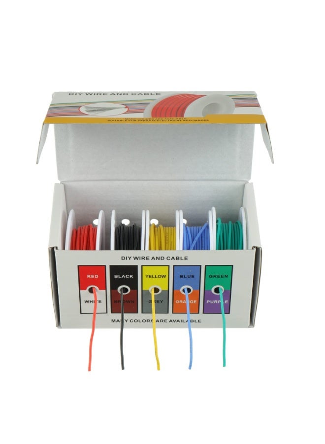سلك سيليكون 22AWG، سلك نحاسي مرن مطلي بالقصدير مقاس 20، 5 ألوان (أحمر، أسود، أصفر، أزرق، أخضر)، 10 أمتار من كل لون، 50 مترًا إجمالاً، القطر الخارجي 1.7 مم، سمك العزل 0.45 مم، مجموعة كابلات كهربائية DIY مناسبة لمصابيح LED ومكبرات الصوت والأدوات الكهربائية (معلبة) - Image 5