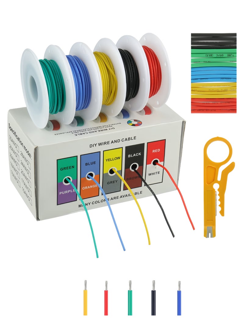 سلك سيليكون 22AWG، سلك نحاسي مرن مطلي بالقصدير مقاس 20، 5 ألوان (أحمر، أسود، أصفر، أزرق، أخضر)، 10 أمتار من كل لون، 50 مترًا إجمالاً، القطر الخارجي 1.7 مم، سمك العزل 0.45 مم، مجموعة كابلات كهربائية DIY مناسبة لمصابيح LED ومكبرات الصوت والأدوات الكهربائية (معلبة) - Image 1