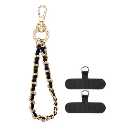 Nalefow Phone Wrist Strap with Metal Chain Phone Lanyard Wrist with 2 Tether Tabs Metal Leather Cellphone Charm Chain (Gold) - Image 1