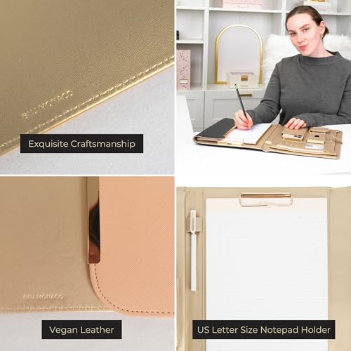 BLU MONACO Peach Beige Vegan Leather Portfolio Binder for Women - Professional Padfolio with Magnetic Closure & Gold Trim, Business Organizer Case - Image 5