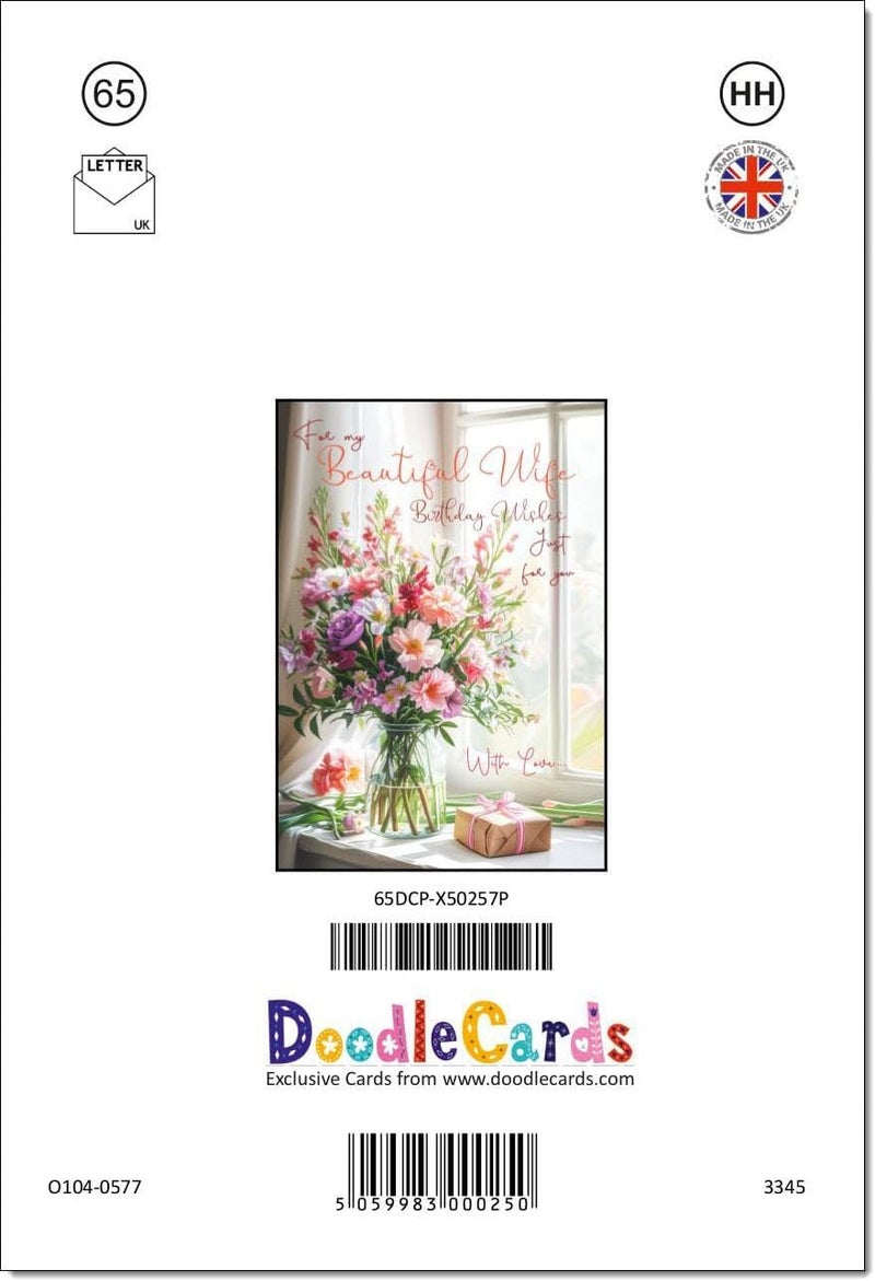 doodlecards بطاقة عيد ميلاد الزوجة من ، باقة زهور وهدية، حجم متوسط مع ظرف عادي - Image 3