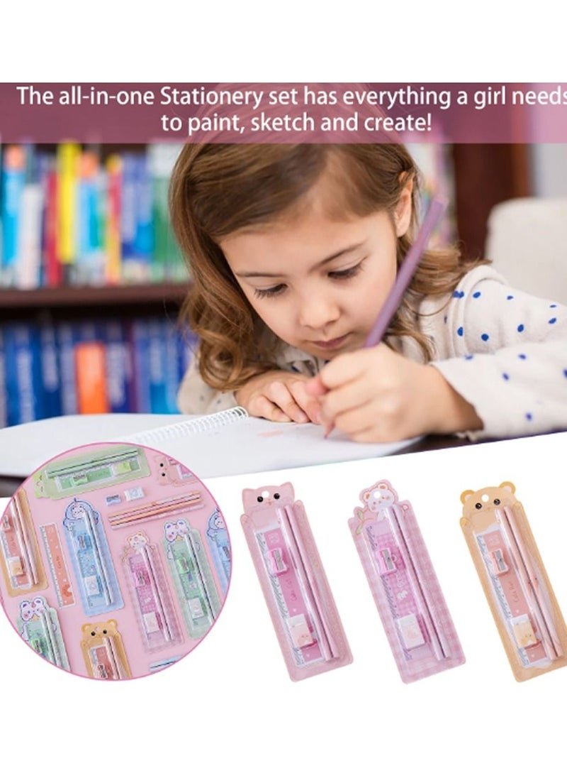 Stationery Set - Pack of 5
Includes: 2 Pencils + 1 Ruler + 1 Eraser + 1 Sharpener-Pink
