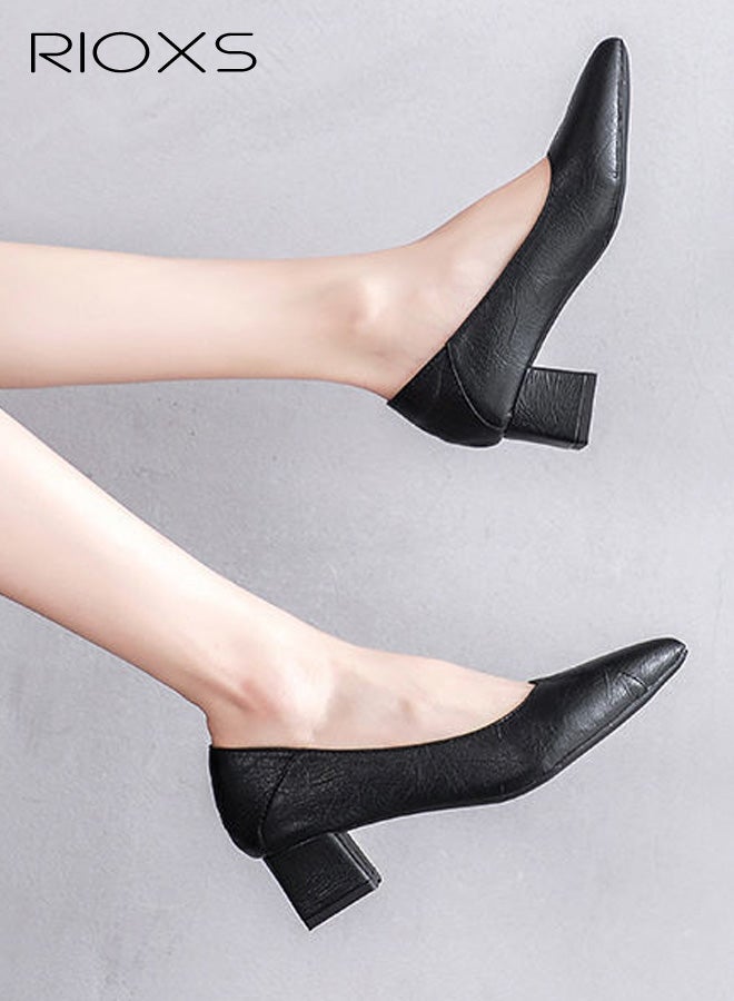 ريوكس حذاء نسائي بكعب سميك منخفض ومقدمة مدببة، حذاء رسمي مريح من الجلد الصناعي الناعم غير اللامع، مقاس 5 سم، مناسب للربيع، مناسب للمكتب والزفاف، مناسب للسفر والمواعدة والأعمال - Image 3
