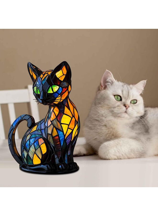 Cat Lamp Stained Glass, Retro Cat Stained Resin Tabletop Night Light - Cute Pet Themed LED Lamp, Animal Series, Gift for Cat Lovers  - Image 2