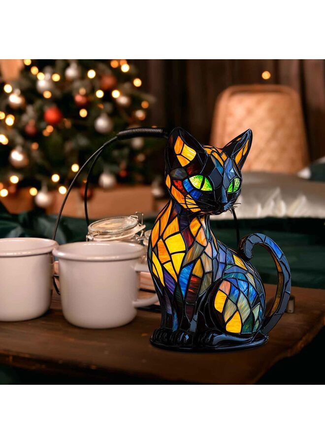 Cat Lamp Stained Glass, Retro Cat Stained Resin Tabletop Night Light - Cute Pet Themed LED Lamp, Animal Series, Gift for Cat Lovers  - Image 3