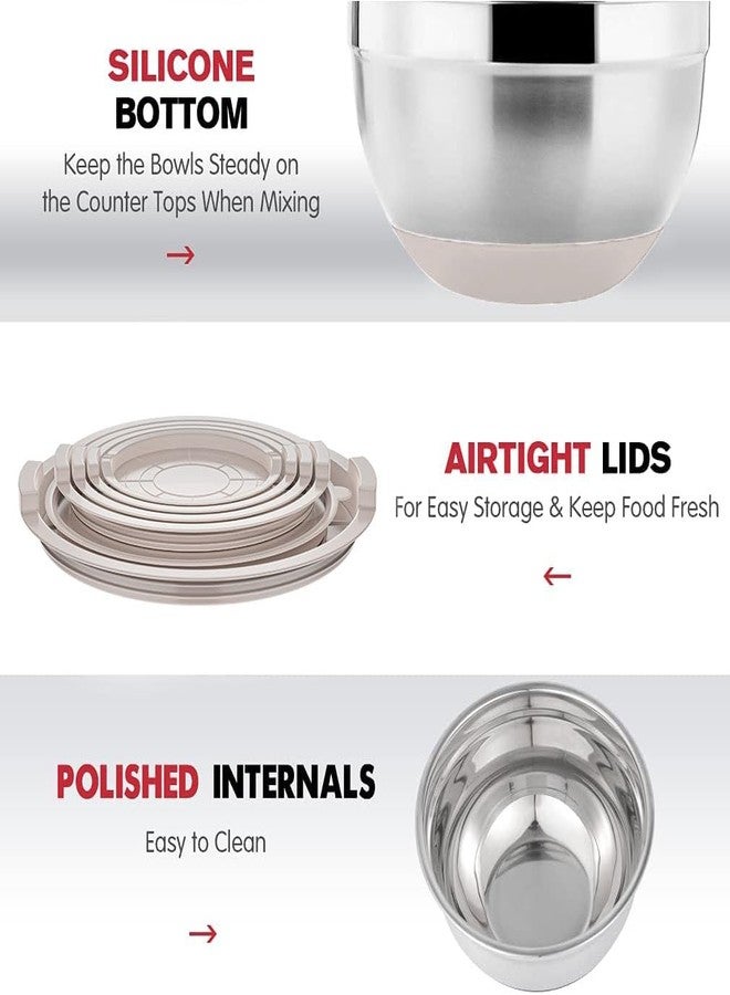 Rottay مجموعة أوعية خلط روتاي مع أغطية محكمة الإغلاق: 20 وعاءً متداخلاً من الفولاذ المقاوم للصدأ - أحجام 7، 4، 3، 2، 1.5، 1 كوارت، مع 3 ملحقات مبشرة وقواعد مانعة للانزلاق للخبز والتحضير. - Image 2