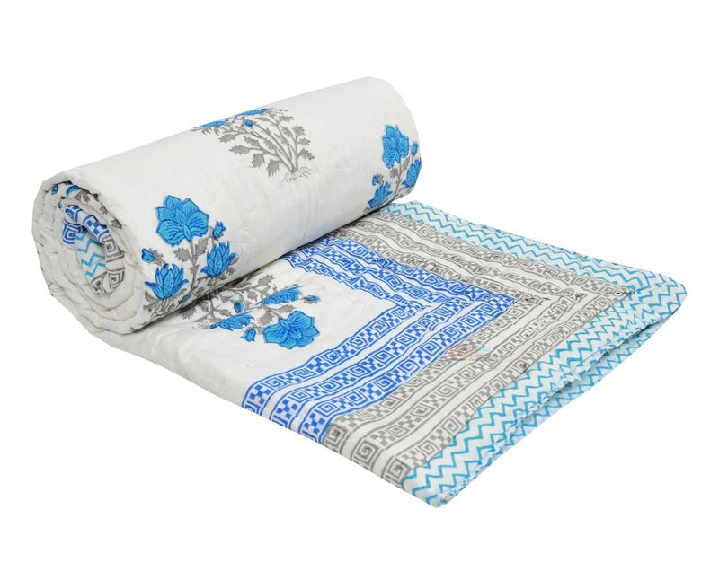LOARSHY Hand Block Printed Pure Cotton Razai King Size Rajai/Quilts/Razzai - Blue (Size 90X108 INCHES) - Image 4