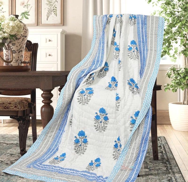 LOARSHY Hand Block Printed Pure Cotton Razai King Size Rajai/Quilts/Razzai - Blue (Size 90X108 INCHES) - Image 1