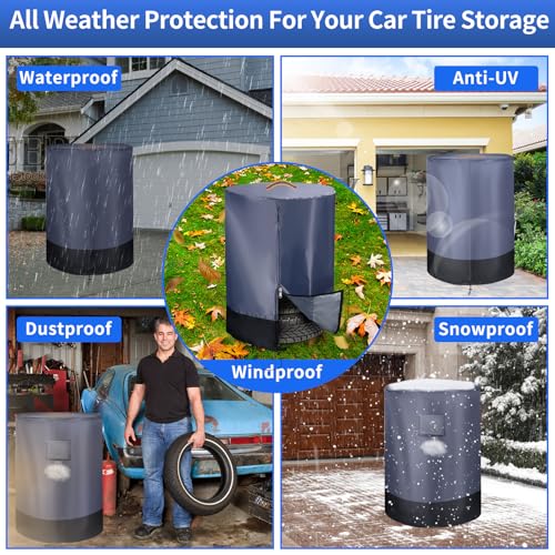 GRABADO Tire Cover Waterproof Outdoor Indoor，Durable 420D Tire Covers for Storage,Universal Tyre Dust Protective Cover with Waterproof Zipper,Bottom Drawstring and Air Vent (Grey & Black) - Image 3