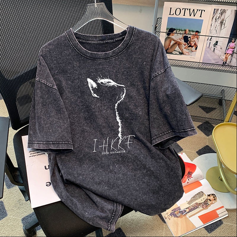 and Hiphop Trendy Brand Distressed Short-Sleeved T-Shirt Women''s Large Size Loose Oversize Washed Black Printed Tops - Image 2
