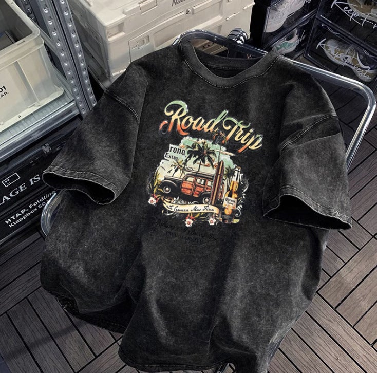 and Hiphop Trendy Brand Distressed Short-Sleeved T-Shirt Women''s Large Size Loose Oversize Washed Black Printed Tops - Image 1