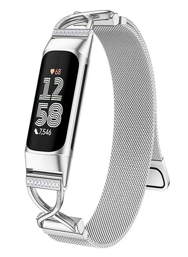 Hopply X-Shape Band Compatible with Fitbit Charge 6/Charge 5 Bands for Wmen Men, Stainless Steel Metal Mesh Milanese Loop Adjustable Strap Replacement for Fitbit Charge 6/Charge 5 (Silver) - Image 1