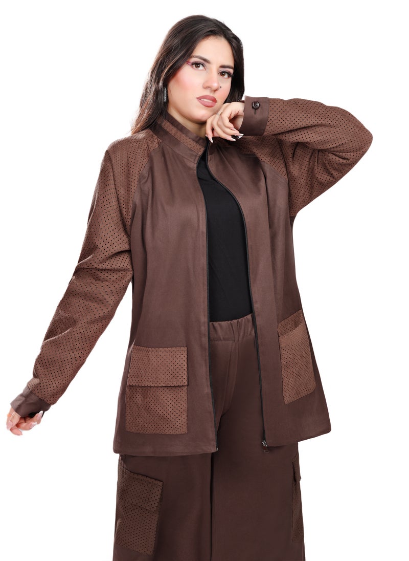 Smoky Egypt - Raglan Sleeves Faux Suede Jacket  - Brown - Image 1