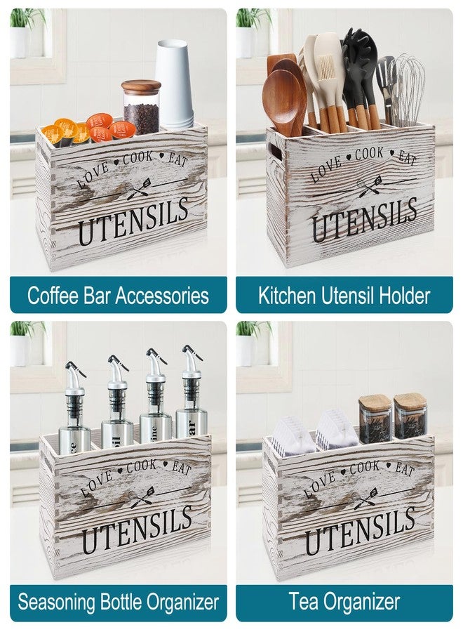 Renawe Rustic White Wooden Utensil Holder for Kitchen Counter Decor Extra Large Utensil Crock Organizer Silverware Caddy Farmhouse Wood Cutlery Holder Cooking Utensil Stand Storage kitchen Tools Holder - Image 5