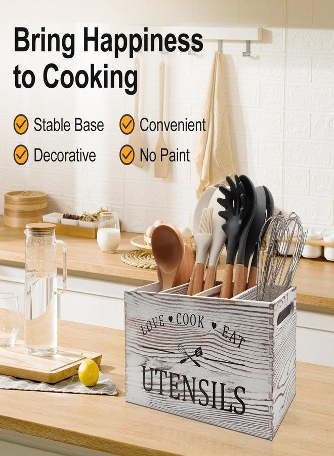 Renawe Rustic White Wooden Utensil Holder for Kitchen Counter Decor Extra Large Utensil Crock Organizer Silverware Caddy Farmhouse Wood Cutlery Holder Cooking Utensil Stand Storage kitchen Tools Holder - Image 4