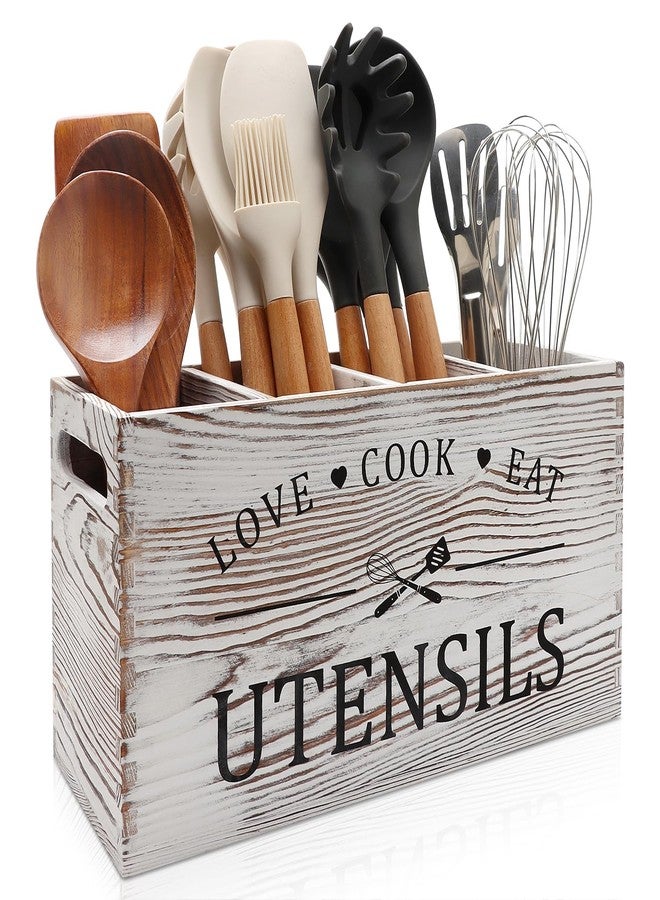 Renawe Rustic White Wooden Utensil Holder for Kitchen Counter Decor Extra Large Utensil Crock Organizer Silverware Caddy Farmhouse Wood Cutlery Holder Cooking Utensil Stand Storage kitchen Tools Holder - Image 1