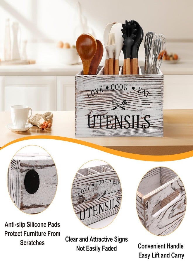 Renawe Rustic White Wooden Utensil Holder for Kitchen Counter Decor Extra Large Utensil Crock Organizer Silverware Caddy Farmhouse Wood Cutlery Holder Cooking Utensil Stand Storage kitchen Tools Holder - Image 2