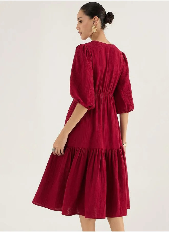 فيميلا V-Neck Balloon Sleeve Cotton Knot Detail Midi Dress