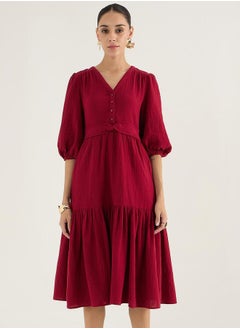 V-Neck Balloon Sleeve Cotton Knot Detail Midi Dress - pzsku/Z0CEFD88455B945B6DCA7Z/45/_/1740554308/3c93fc2d-25d6-4870-82f5-3f5cba14a080