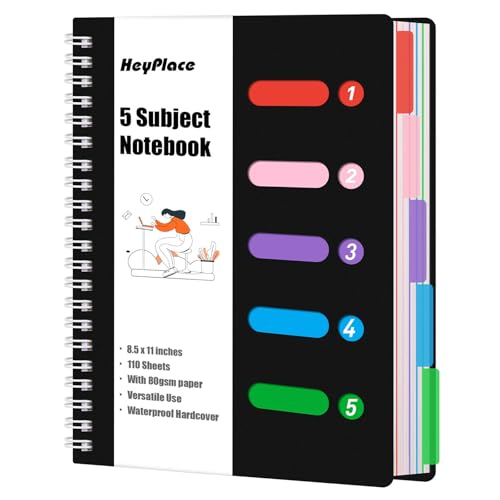 HEYPLACE Subject Notebook Wide Ruled, 8.5x11inch Hardcover 5 Subject Lined Spiral Notebook with Dividers Tabs for School Note Taking Office Journal, 220 Pages, Black - Image 1