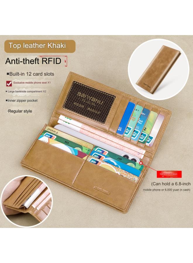 بانيانو محفظة رجالية طويلة من الجلد الطبيعي رفيعة للغاية مضادة للسرقة مع سحاب محفظة من جلد البقر لون كاكي - نمط عادي (فرشاة مضادة للسرقة) - Image 1