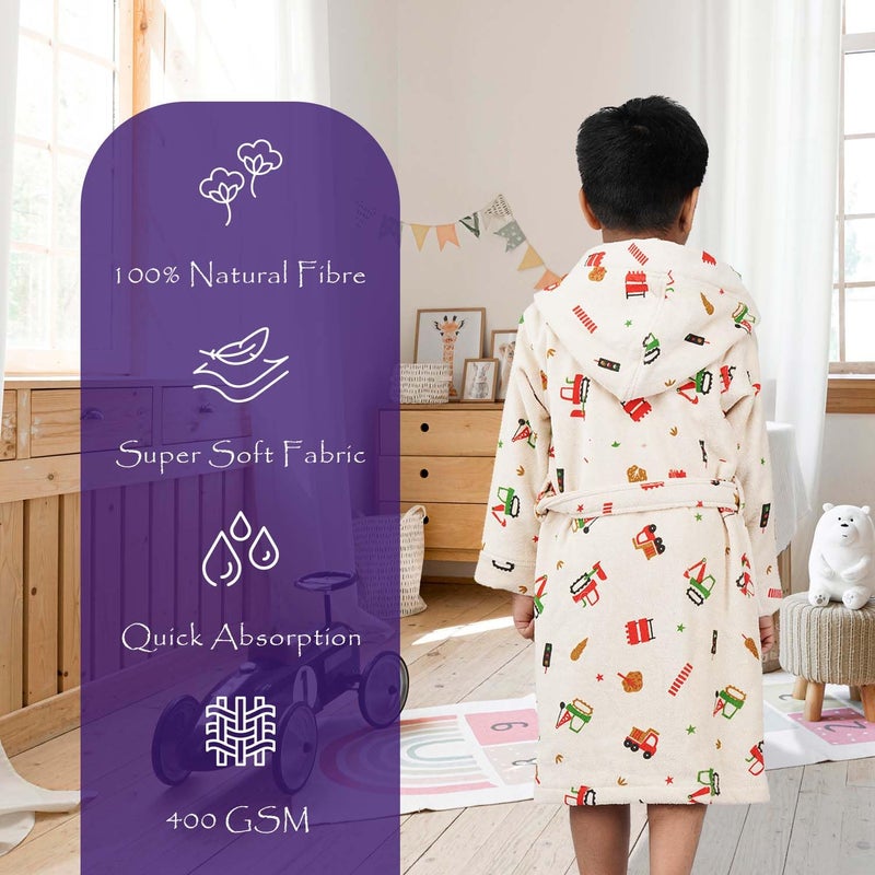 Rangoli 100% Cotton Kids Bathrobe, Tractor Design, Ultra-Soft Hooded Robe for Boys and Girls, Beige, 7-8 Years - Image 2