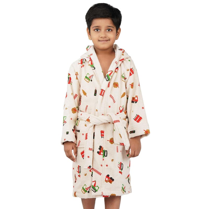 Rangoli 100% Cotton Kids Bathrobe, Tractor Design, Ultra-Soft Hooded Robe for Boys and Girls, Beige, 7-8 Years - Image 1