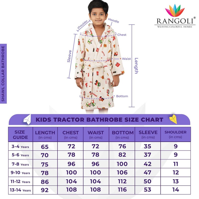 Rangoli 100% Cotton Kids Bathrobe, Tractor Design, Ultra-Soft Hooded Robe for Boys and Girls, Beige, 7-8 Years - Image 4