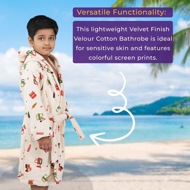 Rangoli 100% Cotton Kids Bathrobe, Tractor Design, Ultra-Soft Hooded Robe for Boys and Girls, Beige, 7-8 Years - Image 5