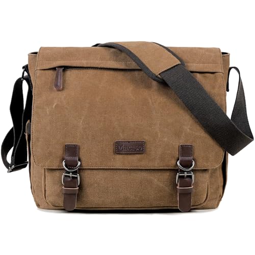 Mactso Vintage Messenger Bag 15.6 Inch Laptop for Men Women, Large Travel Crossbody Shoulder Purse with Luggage Strap,Canvas Briefcase Work Office College (Coffee-Upgrade) - Image 1