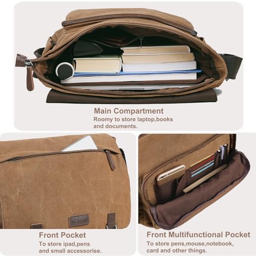 Mactso Vintage Messenger Bag 15.6 Inch Laptop for Men Women, Large Travel Crossbody Shoulder Purse with Luggage Strap,Canvas Briefcase Work Office College (Coffee-Upgrade) - Image 4