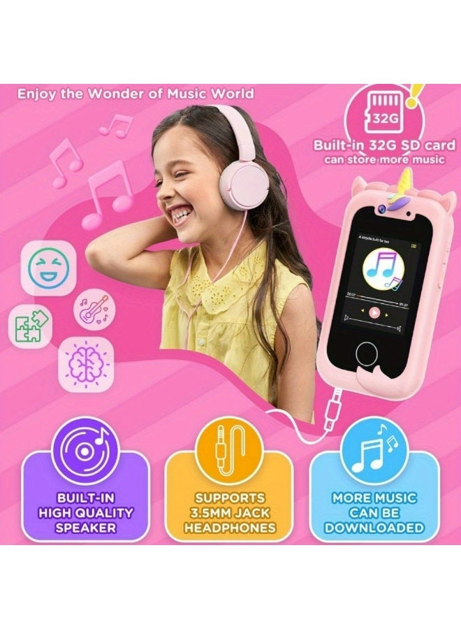 إيفرين هاتف ذكي للأطفال مناسب للفتيات، ولعبة هاتف أطفال بكاميرا مزدوجة أحادي القرن مع ألعاب، ومشغل موسيقى، ولعبة ألعاب تعليمية متنقلة للأولاد والبنات من سن 3-12 سنة، وبطاقة 512M (زرقاء) لعيد الميلاد وأعياد الميلاد - Image 3