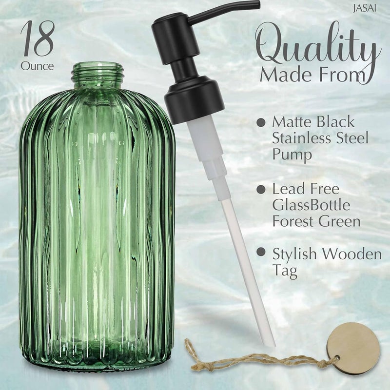 JASAI 18Oz Green Glass Soap Dispenser with Black Rust Proof Pump, Refillable Bathroom soap Dispenser with Thick Glass, Soap Dispenser Bathroom for Kitchen Dish soap, Hand Soap, Lotion, Body Wash. - Image 2