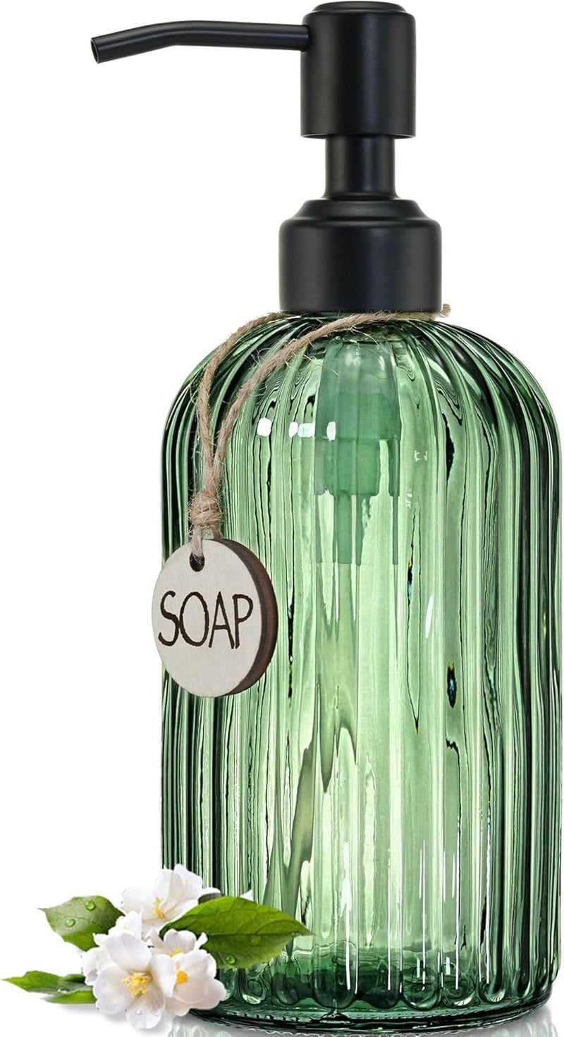 JASAI 18Oz Green Glass Soap Dispenser with Black Rust Proof Pump, Refillable Bathroom soap Dispenser with Thick Glass, Soap Dispenser Bathroom for Kitchen Dish soap, Hand Soap, Lotion, Body Wash. - Image 1