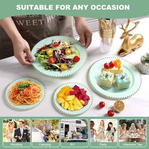 ejonirinjonir EI 60pcs Green Plastic Plates with Gold Rim,Disposable Plastic Plates Heavy Duty for Party,Sage Green and Gold Dessert/Dinner Plate for Birthday,Afternoon Tea - Image 4