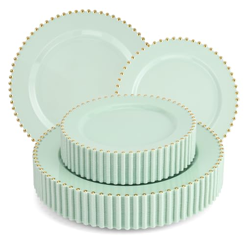 ejonirinjonir EI 60pcs Green Plastic Plates with Gold Rim,Disposable Plastic Plates Heavy Duty for Party,Sage Green and Gold Dessert/Dinner Plate for Birthday,Afternoon Tea - Image 1