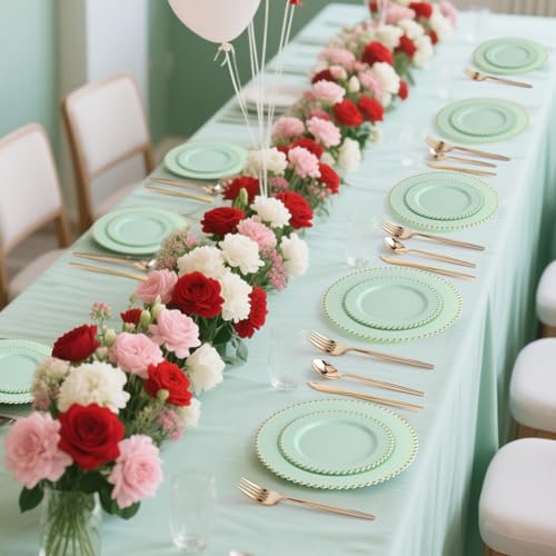 ejonirinjonir EI 60pcs Green Plastic Plates with Gold Rim,Disposable Plastic Plates Heavy Duty for Party,Sage Green and Gold Dessert/Dinner Plate for Birthday,Afternoon Tea - Image 2