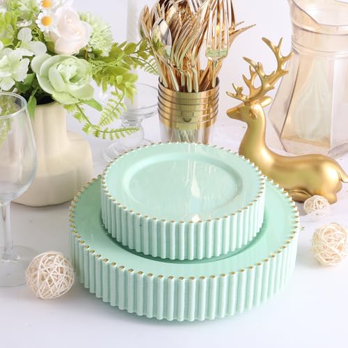 ejonirinjonir EI 60pcs Green Plastic Plates with Gold Rim,Disposable Plastic Plates Heavy Duty for Party,Sage Green and Gold Dessert/Dinner Plate for Birthday,Afternoon Tea - Image 5