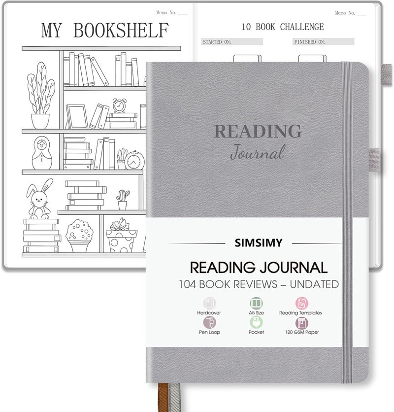 SIMSIMY Reading Journal With 104 Book Reviews - Journal for Lovers & Readers, Tracker & List Challenge, Log Notebook Gift, A5, Gray - Image 1