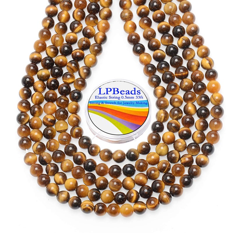 LPBeads 200Pcs Polished 6mm Round Natural Yellow Tiger Eye Gemstone Loose Beads with Stretch Cord for Jewelry Making Bracelets