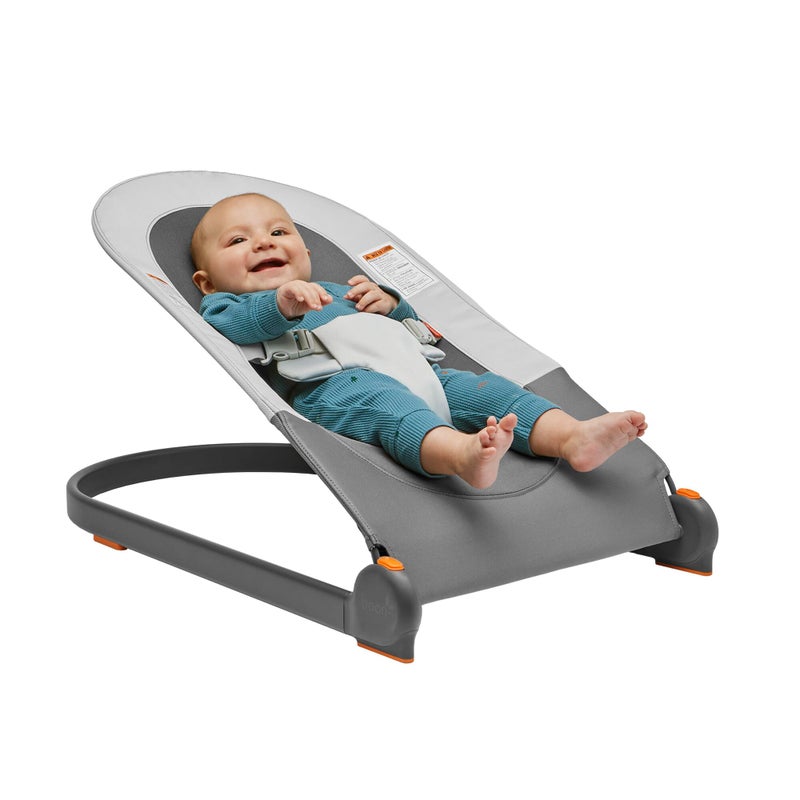Boon Slant Portable Baby Bouncer Folding Baby Seat for Infants Lightweight Portable Baby Chair with Machine Washable Fabric and 3Point Harness Gray