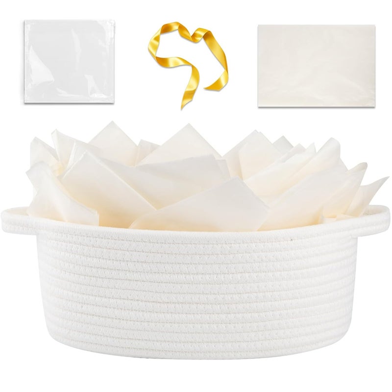 OIAHOMY Gift Basket with Handle Small Woven Basket with Gift Bag Ribbon and Wrap Tissue Paper Nursery Bins Empty to Fill with Small Items Baby Pet Toy Organizer  White - Image 1