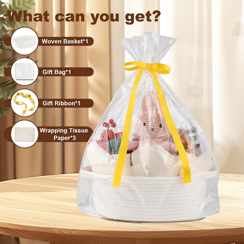 OIAHOMY Gift Basket with Handle Small Woven Basket with Gift Bag Ribbon and Wrap Tissue Paper Nursery Bins Empty to Fill with Small Items Baby Pet Toy Organizer  White - Image 4