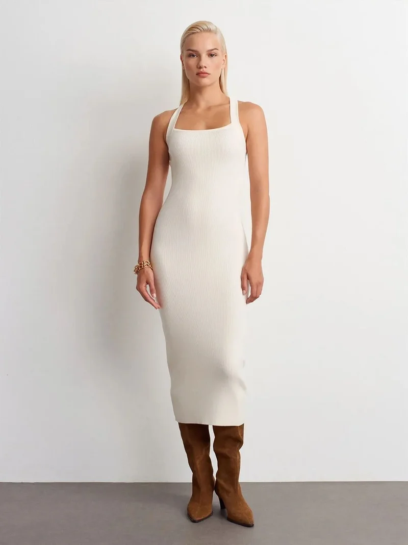 ديلفين Dilvin Ribbed Halter Midi Bodycon Dress