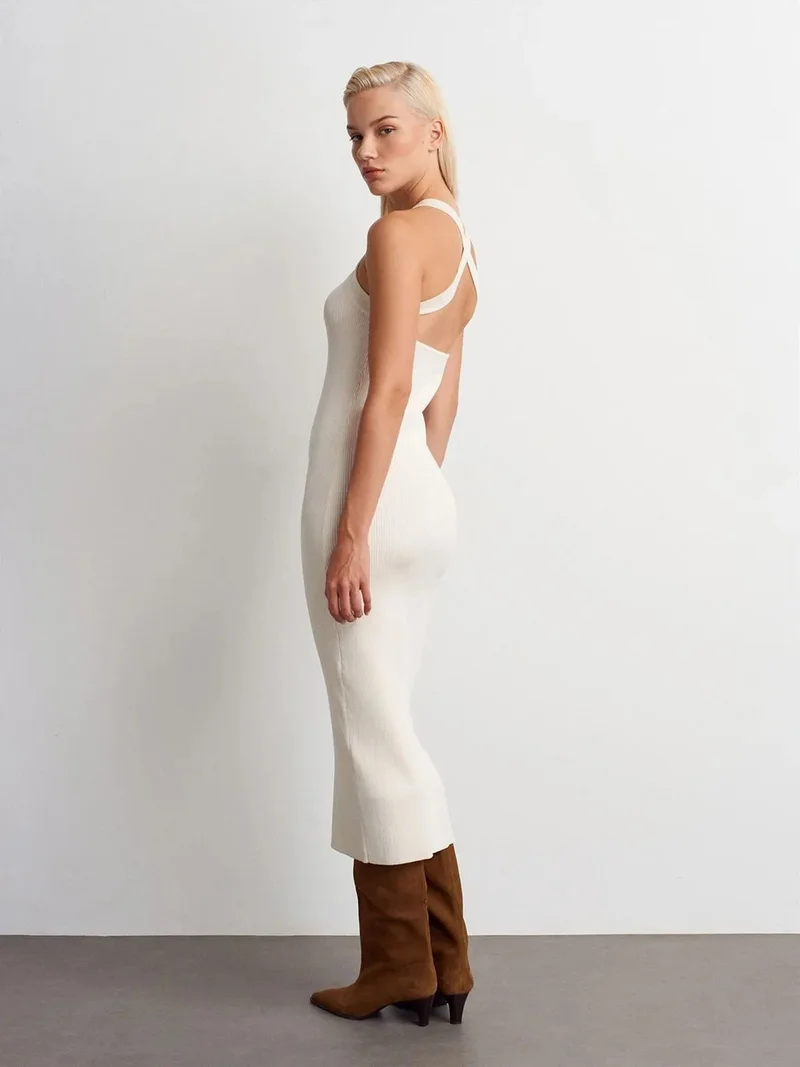 ديلفين Dilvin Ribbed Halter Midi Bodycon Dress