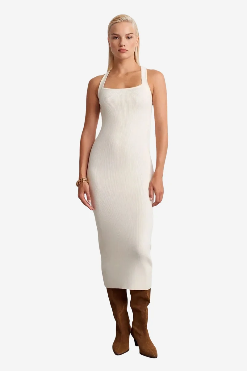DILVIN Ribbed Halter Midi Bodycon Dress